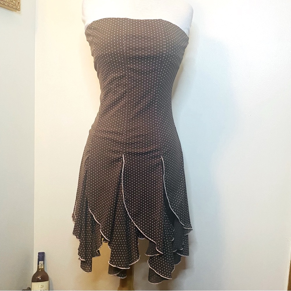 Vintage Miss Me strapless dress. Chocolate with light pink dots and trim.